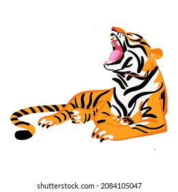 Roar tiger isolated on white background. Flat style vector for cards, poster decoration, t-shirt print, banner. Funny animal character. Symbol of year