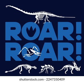 "Roar" typography. Dinosaur skeleton illustration. Dinosaur fossil vector illustration