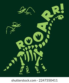 "Roar" typography. Dinosaur skeleton illustration. Dinosaur fossil vector illustration