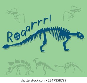 "Roar" typography. Dinosaur skeleton illustration. Dinosaur fossil vector illustration