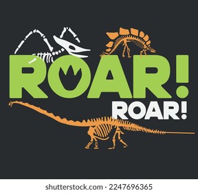 "Roar" typography. Dinosaur skeleton illustration. Dinosaur fossil vector illustration