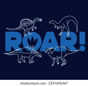 "Roar" typography. Dinosaur skeleton illustration. Dinosaur fossil vector illustration