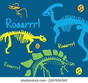 "Roar" typography. Dinosaur skeleton illustration. Dinosaur fossil vector illustration