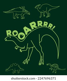 "Roar" typography. Dinosaur skeleton illustration. Dinosaur fossil vector illustration