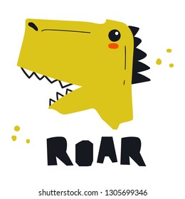 Roar. Vector funny lettering quote with dino icon, hand drawn illustration for greeting card, t shirt, print, stickers, posters design.