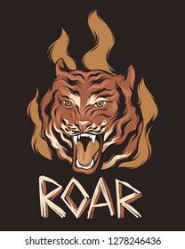 Roar. Vector hand drawn illustration of roaring tiger with fire isolated. Tattoo artwork. Template for card, poster. banner, print for t-shirt, pin, badge, patch.