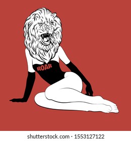 Roar. Vector hand drawn illustration of girl with lion's head . Creative tattoo artwork. Template for card, poster, banner, print for t-shirt, pin, badge, patch.