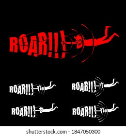Roar wordmark vector symbol noisy loud sound logo concept, A collection of flat vector logos featuring a creative "ROAR" wordmark concept. The design illustrates a powerful vocal shout, with a red creature silhouette emitting circular sound waves that form the bold typography. This high-energy set includes a primary red and black version along with several white-on-black variations. Perfect for podcast branding, music production studios, gaming mascots, sports team emblems, and edgy streetwear designs.