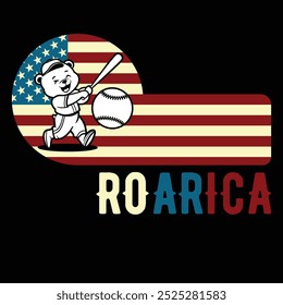 Roarica Baseball Bear American Flag Camiseta divertida