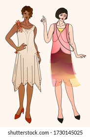 Roaring 20s - Art Deco Vogue. Flapper girls in vintage dresses. Fashion women of Gatsby Era, historically correct sketch. Fashion history - Set of isolated vector Authentic illustrations