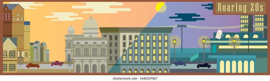 Rafting 20er Vektorillustration Stadttag und Nacht