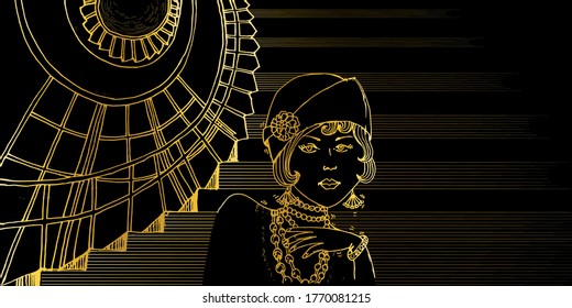 Roaring 20's Retro Woman In The Interior Of Building By The Stairs. Vintage Art Deco Illustration Of Flapper Girl. Invitation Template Design For Retro Party And Space For You Text. Hand Drawn Vector