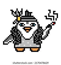Roaring 20s silent cinema diva,8 bit pixel art penguin character on white.Flapper woman in a vintage sparkling dress, black boa, feather headband smoking cigarette in a mouthpiece.Retro film actress.