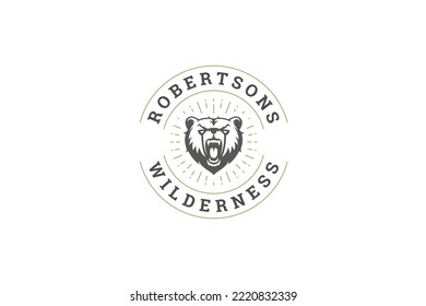 Roaring angry bear head with open mouth circle vintage logo design template vector illustration. Cruel carnivorous predator animal wild forest habitat hunt club community branding identification mark