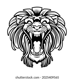 Roaring Angry Lion Face Black and White Illustration