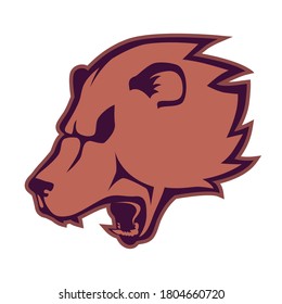Roaring bear head emblem on white background, symbol of aggressive beast