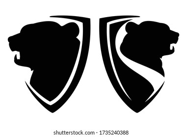 roaring bear head in heraldic shield - modern style coat of arms emblem for security concept black and white vector design