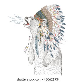 roaring bear in war bonnet, wild and free, aztec print