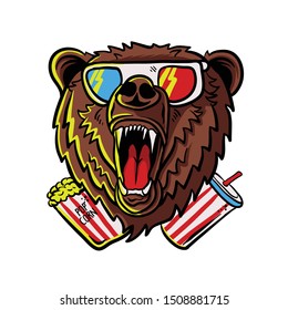 roaring bear wearing eyeglass with pop corn vector illustration / grizzly roaring bear watching movie 