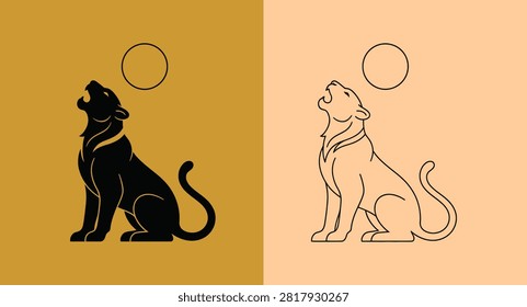Roaring big cat silhouette and line art design element with silhouette, predator