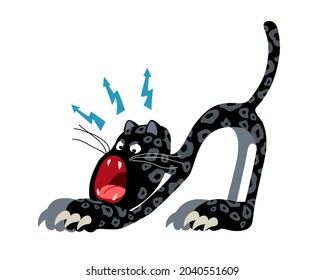 roaring black panther with lightning bolts, funny character, a color vector illustration isolated on a white background in a flat design and cartoon style