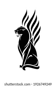 Roaring Black Panther With Wings Vector Portrait - Elegant Sitting Mythical Animal Outline Design