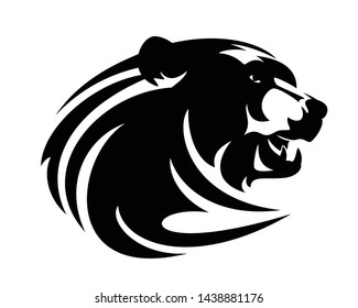 roaring brown bear head - wild animal black and white vector portrait