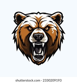 Logo de la mascota de oso marrón ruidoso, logotipo de la mascota del equipo de juegos de Esport, mascota animal aislada de fondo blanco, logotipo del emblema del oso para el club o equipo deportivo