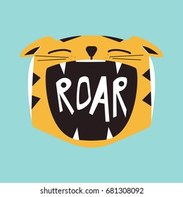 Roaring cartoon tiger. Vector hand drawn illustration.