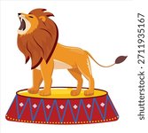 Roaring circus lion standing proudly on colorful drum stage, strong brown mane, golden fur, playful flat vector illustration for kids design