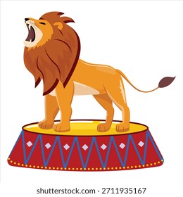 León de circo rugiente que se coloca orgullosamente en el escenario colorido del tambor, melena marrón fuerte, piel dorada, Ilustración vectorial plana juguetona para el diseño de los niños