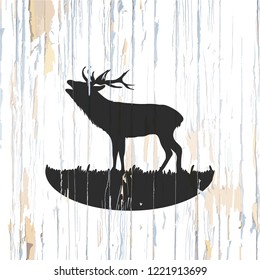Roaring deer drawing on wood. Vintage vector illustration.