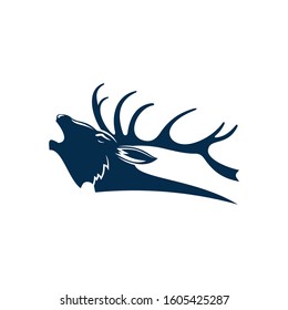 Roaring Deer Isolated Black Silhouette Of Red Elk Stag. Vector Reindeer Buck, Head With Antlers