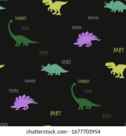 Roaring dinosaurs black with green seamless pattern with tyrannosaur, triceratops, brachiosaurus and stegosaurus. Funny Dino family with papa, mama and baby. Textile design for kids and kindergarten.