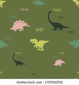 Roaring dinosaurs seamless pattern with tyrannosaur, triceratops, brachiosaurus and stegosaurus. Funny Dino family with papa, mama and baby. Textile design for kids and kindergarten.