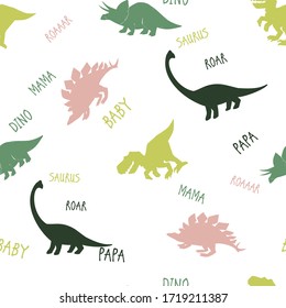 Roaring dinosaurs seamless pattern with tyrannosaur, triceratops, brachiosaurus and stegosaurus. Funny Dino family with papa, mama and baby. Textile design for kids and kindergarten.