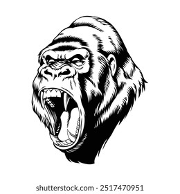 Roaring Gorilla Head Ilustração em preto e branco