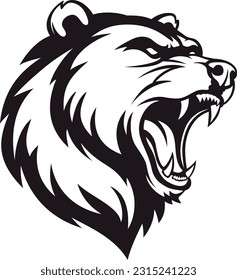 Roaring Grizzly Bear Head Sports Logo Mascot for T-shirts, Vinyl Stickers, Etching, Black and White, Coloring book style outlined art