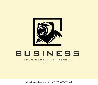 roaring head bear in square logo design inspiration