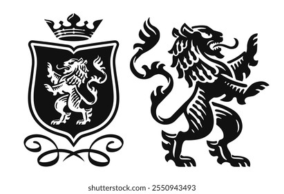 Roaring heraldic lion standing on paws. Royal coat of arms shield with animal