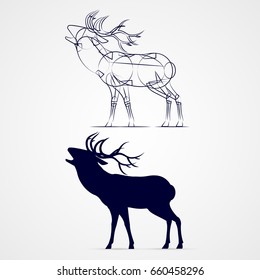 Roaring Horned Deer Silhouette in a Time of Estrus with Sketch Template on Gray Background