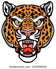 roaring leopard head. Aggressive spotted panther. Front view tattoo style vector illustration