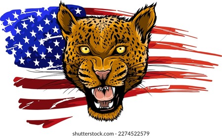 Cabeza de leopardo ruidosa con bandera estadounidense