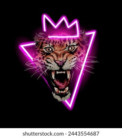 roaring leopard head on neon light triangel frame hand drawn vector illustration on black background