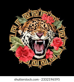 cabeza de leopardo ruidoso y rosas rojas en forma de círculo dorado ilustración vectorial sobre fondo negro