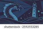 Roaring Leviathan Beacon Art, Epic Sea Fantasy, detailed dragon design, biblical beast, simple sea serpent, creative vector graphic.