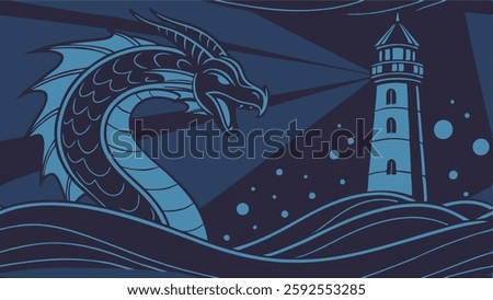 Roaring Leviathan Beacon Art, Epic Sea Fantasy, detailed dragon design, biblical beast, simple sea serpent, creative vector graphic.