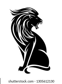 roaring lion black vector silhouette - sitting animal with flying mane monochrome design