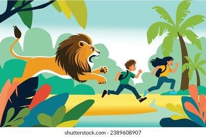 A roaring lion chases a boy and girl through a stylized jungle setting, filled with bright flora amidst vivid, tropical jungle plants and palm trees