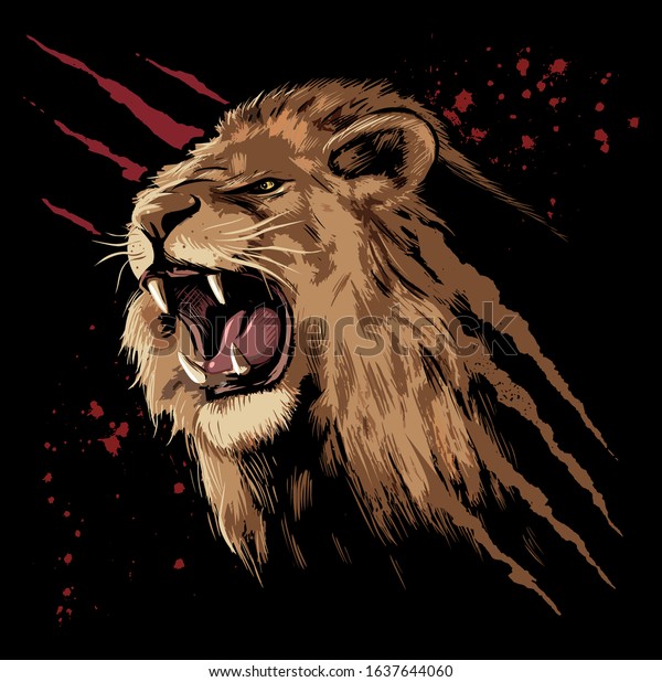 Roaring lion face with the claws scratches\
and blood stains on\
background.